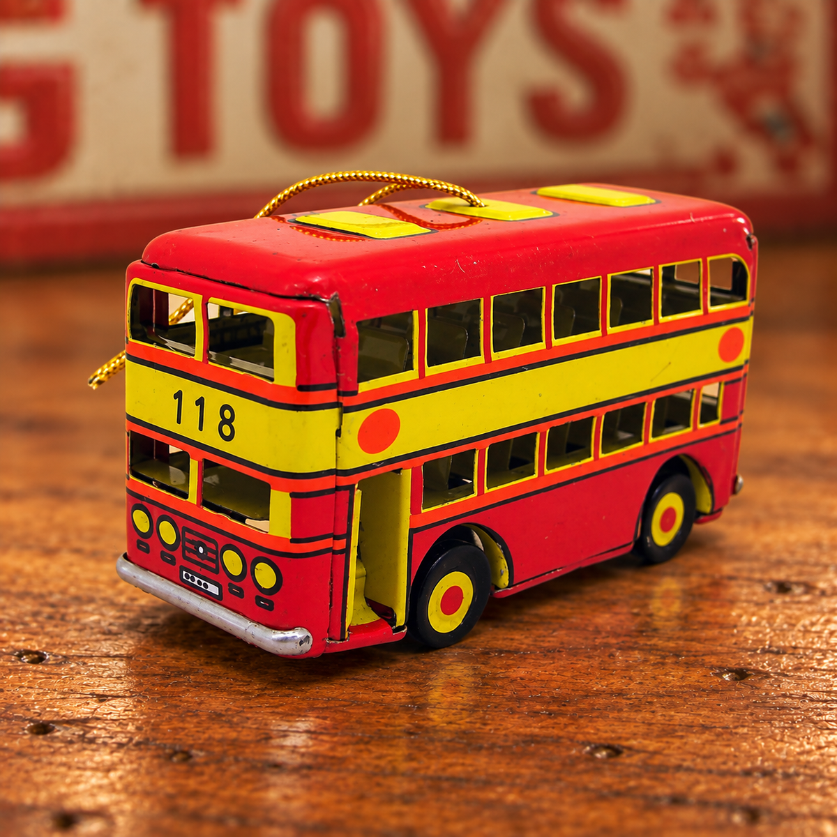 Vintage Double-Decker Bus Tin Christmas Ornament