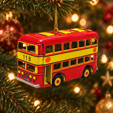 Vintage Double-Decker Bus Tin Christmas Ornament