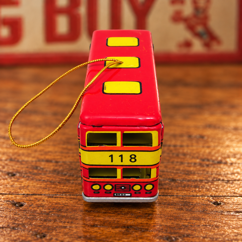 Vintage Double-Decker Bus Tin Christmas Ornament